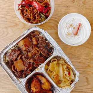 Jack Fruit Brown Stew Lunch Special with side order of Chow Mein and Strawberry Chow Mein