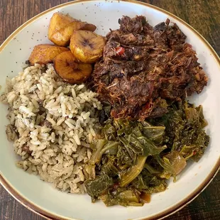 Jerk BBQ Jackfruit Plate with Rice &amp; Peas, Collards and Plantain