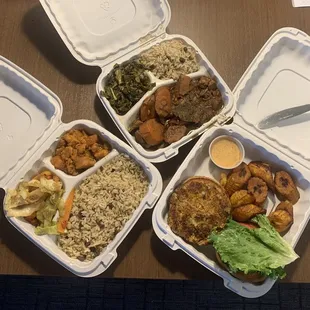 The 3-sides platter, brown jackfruit stew platter, and krabcake sandwich with plantain. Every last bite was delicious.
