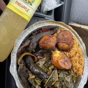 Jerk Mushrooms Lunch Special with Collards, Yellow Rice, and Pineapple Ginger Lemonade