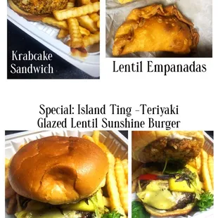 Krabcake Sandwich  Lentil Empanadas  Island Ting French fries