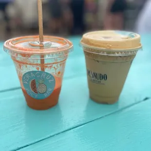 Orange carrot, ginger juice from Veracruz and my iced miso, brown sugar, coffee