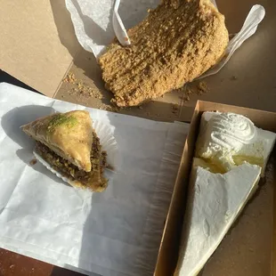 T: honey cake (7). Bottom left: baklava (comped) R: key lime pie (7.99?)