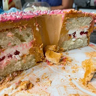 Those brown pieces in the middle are just giant, hard chunks of frosting. And even from here you can see how dry the cake part is