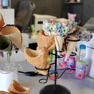 Cones and fresh made taiyaki fish cones