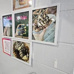 a variety of desserts displayed on a wall