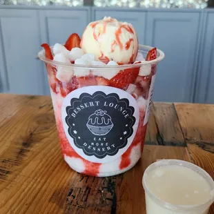 Strawberry Mochi Bingsu with extra condensed milk