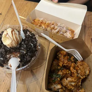 Basil fried chicken ("spicy Korean bbq"), Oreo bingsu, and cheese and hot dog potato myungrang