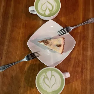 Green tea lattes with a maple pecan cheesecake to share