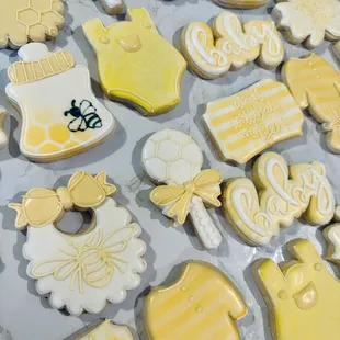 a tray of decorated cookies