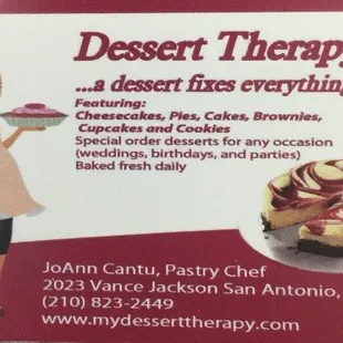a business card for dessert therapy