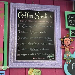 Coffee shake menu