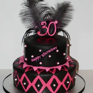 a black and pink birthday cake