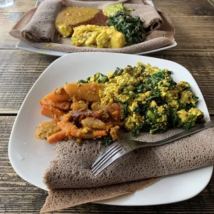 Tofu Scramble (front) and vegetarian combo (back)