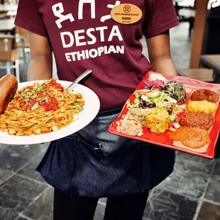 Ethiopian spaghetti and vegetarian platter.