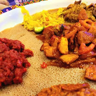Kitfo, cabbage, alecha wot, lentils