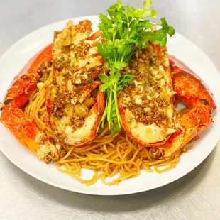 Garlic roasted lobster with garlic noodles