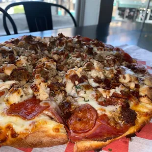 a large pizza on a table