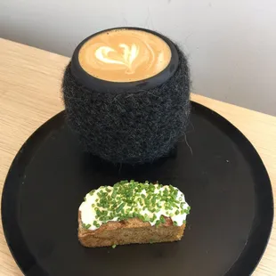 Cappuccino and carmelized onion financier with crime fraiche