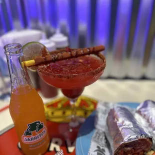 fresa margarita and a monster burrito