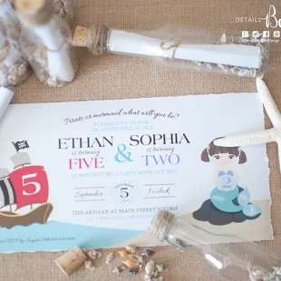 Mermaid &amp; Pirate Message in a bottle birthday invitations