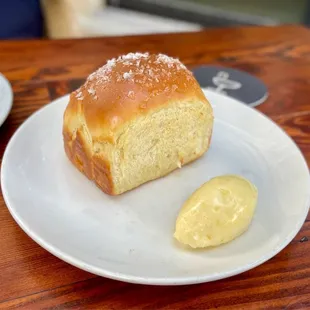 Hokkaido milk bread and butter: deliciously fluffy. Just a hair too much salt on top but I loved the crunch from the flake.
