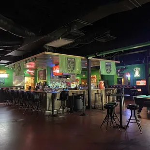a bar with a pool table and several stools