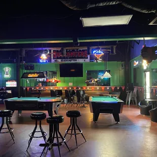 a billiards and pool tables in a bar