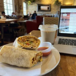 Breakfast burrito (chorizo, peppers) &amp; pumpkin spice latte