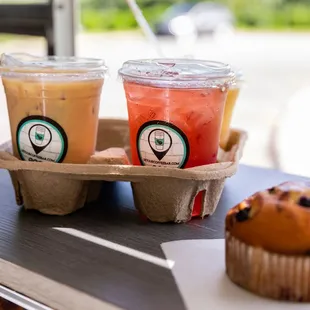 three drinks and a muffin