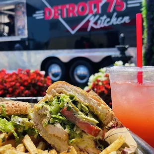 a plate of food and a drink