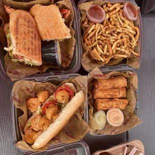 Atwater Chicken, Shrimp Po Boy, Garlic Cilantro Fries, BBQ Chicken Egg Rolls, Strawberry Lemonade