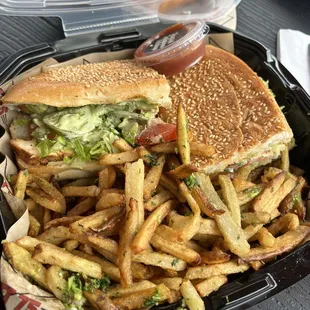 Atwater chicken with garlic cilantro fries