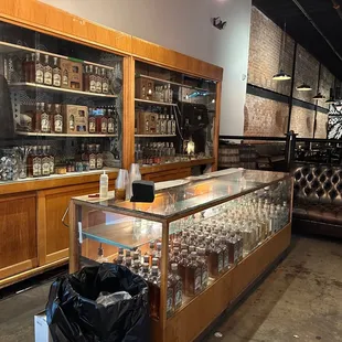 shelves of liquor and bottles