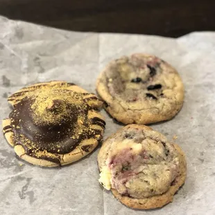 Peanut Butter Volcano cookie and Raspberry Oreo Cheesecake cookie