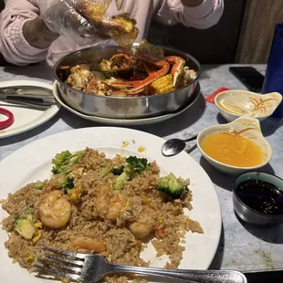 Shrimp Fried Rice with teriyaki  Blue crab and snow crab boil