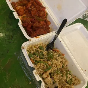 chilli chicken and Asian Stir Fried Rice Shrimp