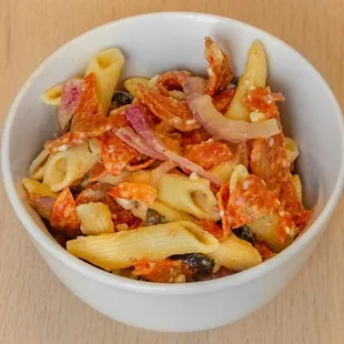 a bowl of pasta salad