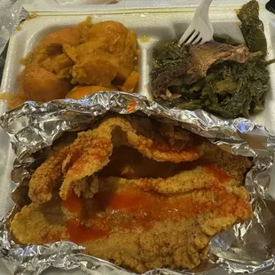 Catfish Dinner with Greens and Yams and Cornbread