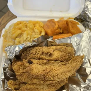 Perch dinner with Mac n cheese and yams!
