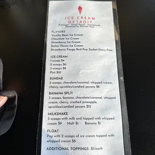 Ice Cream Menu