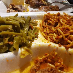 Overcooked string beans, spaghetti franco America with ground beef or turkey, refriechicken greasy.