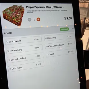 Order screen with the option to add gold flakes or caviar