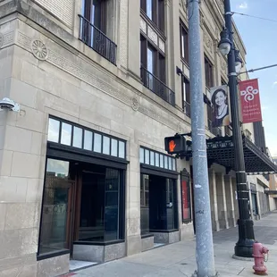 a street corner with a red light