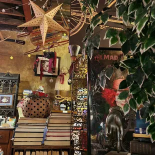 a book store with a star hanging from the ceiling