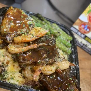 Lamb shrimp &amp; broccoli asparagus bites potato