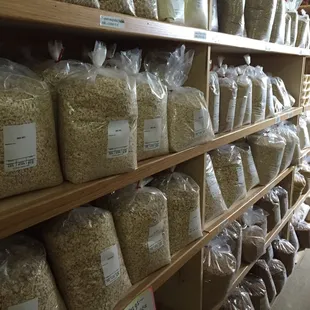 A large selection of oats, grains, herbs, etc
