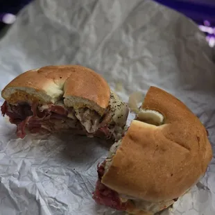 Reuben on a bagel with pastrami