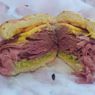 Hot corned beef with pepper jack cheese on a onion kaiser roll