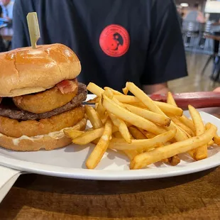 western bacon cheeseburger and fries